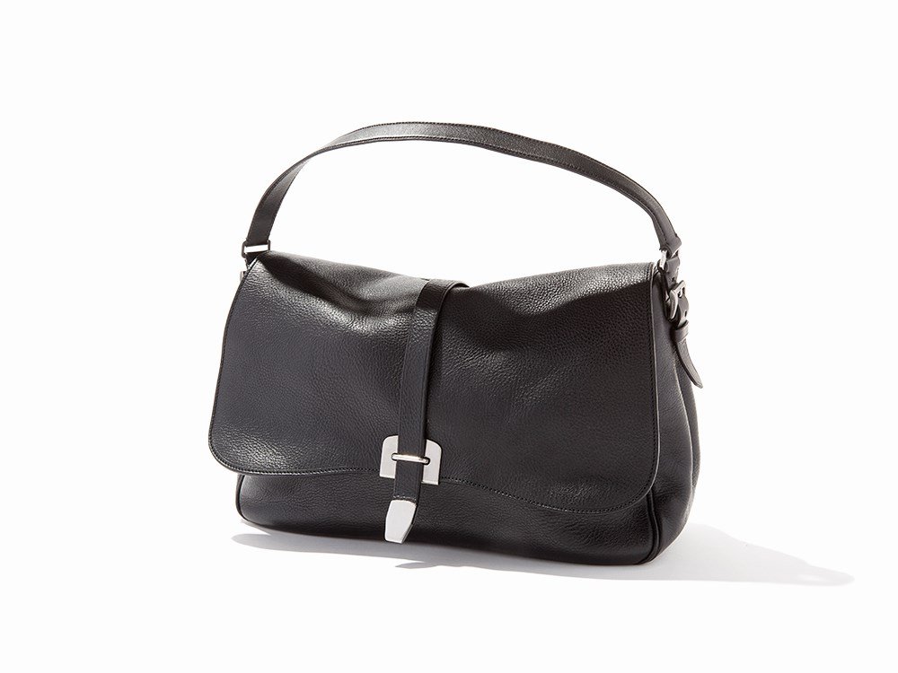 Prada, Shoulder Bag, Italy, 21st C.: Pebbled leather, silver toned metal, silk Italy, 21st century Prada, Italy Retains Prada dust bag Dimensions (height x width x depth): 10 x 18 x 6 in. (25.4 x 45.7 x 15.24 cm) Handle drop: 7 3/8 in. (