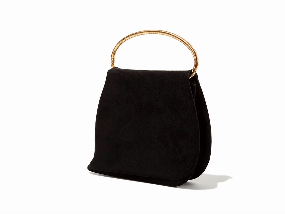 Paloma Picasso, Vintage Suede Handbag, Italy, 20th C.: Suede, leather, gold toned metal Italy, late 20th century Paloma Picasso, Italy Retains Paloma Picasso dust bag Interior metal plaque stamped ‘Paloma Picasso/MADE IN ITALY’ US patent label inside 