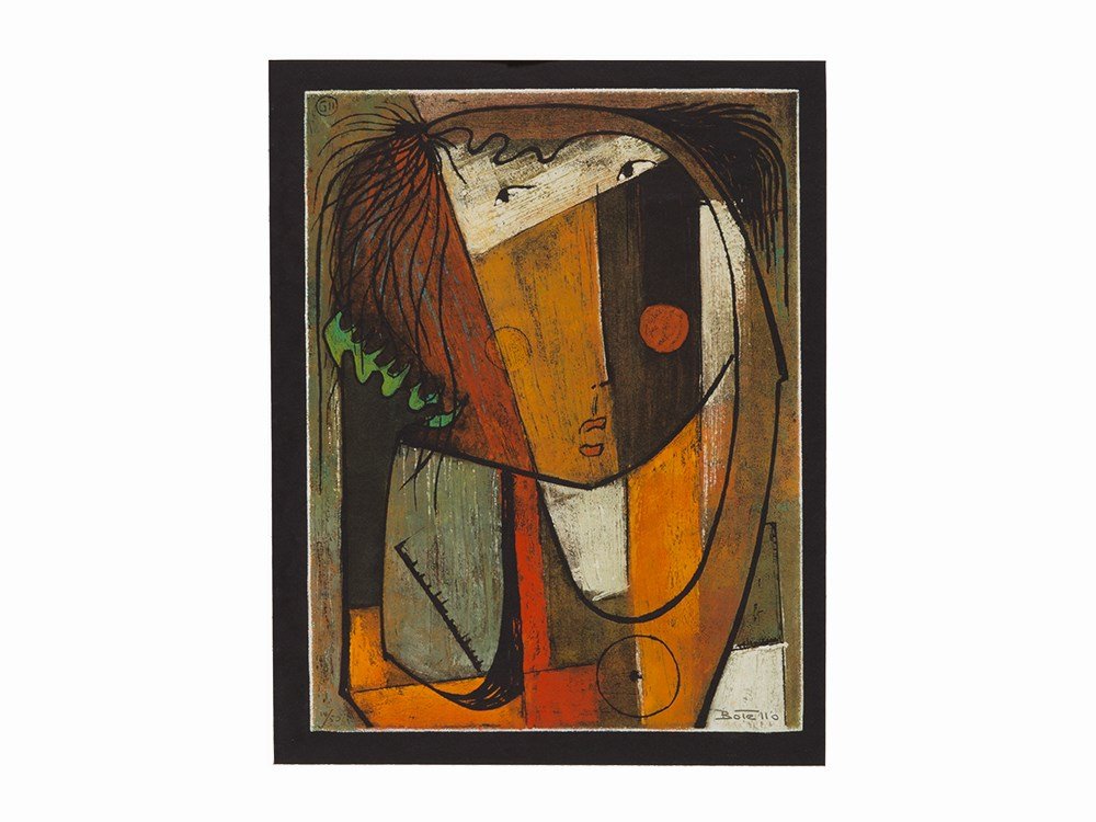 Angel Botello, Color Screenprint, ‘Mujer’, Puerto Rico,: Color screenprint on black wove paper Puerto Rico, second half of the 20th century Angel Botello (1913-1986) – Puerto Rican/Spanish artist known for his Latin American post-modern style ‘Mujer’