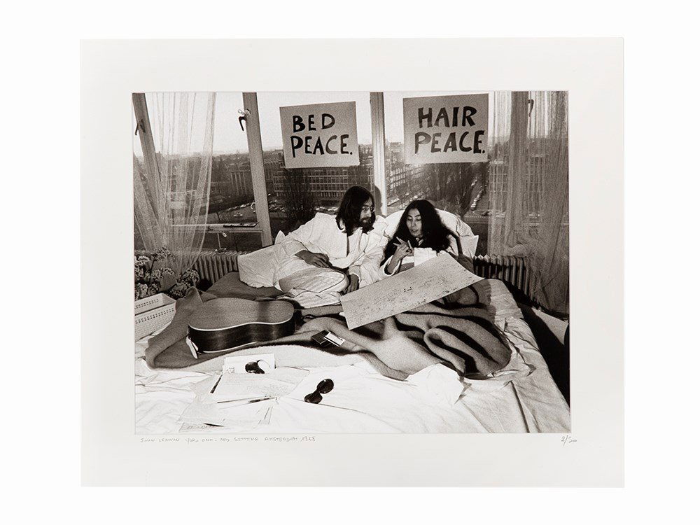 Tony Grylla, Gelatin Silver Print, John Lennon & Yoko: Gelatin silver print Amsterdam, 1968 Tony Grylla (b. 1941) ‘John Lennon & Yoko Ono Bed Sitting, Amsterdam 1968’ Signed in pencil verso ‘Tony Grylla’ Numbered in pencil verso ‘2/30’ Titled