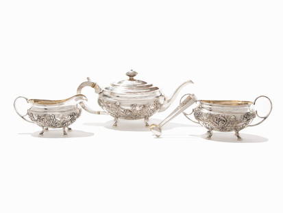 Chinese Export Tea Service, China, Late 19th/Early 20th: Silver, vermeil China, late 19th/early 20th century Teapot, sugar, creamer, sugar tongs Each stamped ‘WK 90/Biao’ Provenance: Sotheby’s London January 11, 1985, Lot 219 Teapot dimensions (height