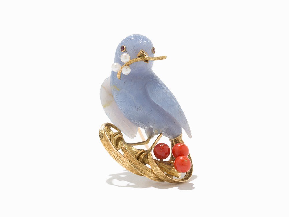 Brooch, 18K Gold, Pearls, Coral, & Chalcedony, France,: 18 karat yellow gold France, circa 1950 Stamped: French eagle head assay mark and lozenge hallmark Blue chalcedony 3 cultured pearls measuring approximately 3.5 mm in diameter 3 coral beads measuring