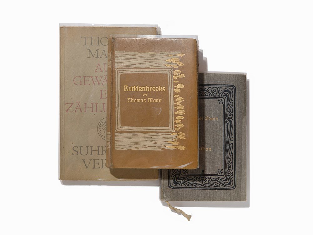 Thomas Mann, 3 Vols., w/ Notations by Ernst Bertram,: Thomas Mann (1875-1955) – German novelist Ernst Bertram (1884-1957) – German writer Includes: Thomas Mann, “Buddenbrooks Verfall einer Familie Roman,” Berlin: Fischer, 1906, “Tristan,” Ber