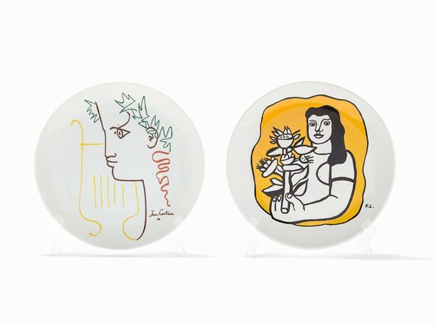 Jean Cocteau & Fernand Léger, 2 Ceramic Plates, France,: Group of two ceramic plates France, 20th century Jean Cocteau (1889-1963) and Fernand Léger (1881-1955) Each stamp signed by the artist lower right Each with publisher and copyright stamp verso Dimen