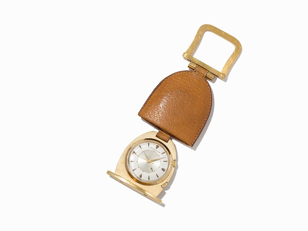 Jaeger-LeCoultre Alarm Travel Clock, Switzerland,: Jaeger-LeCoultre Alarm Travel Clock Switzerland, circa 1960 Manual movement; hours, minutes, seconds, alarm Matte silver dial with applied gold Dauphine hour-markers and inner silver alarm disc with l