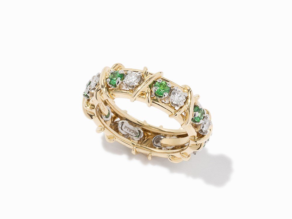 Schlumberger, T&Co Ring, 18K, Diamonds & Tsavorite,: Platinum and 18 karat yellow gold USA, circa 2010 Stamped: 'PT 950' / '© TIFFANY & Co.' / 'SCHLUMBERGER STUDIOS' / '750' 8 round brilliant cut diamonds, estimated total weight: 0.65 ct. 8 round, face