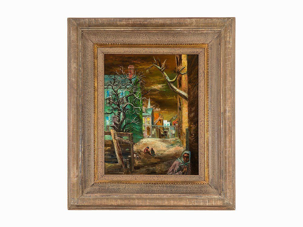 Aaron Bohrod: Alleyway, Â Oil on Panel, 18 1/2 x 14 1/2, Signed lower center â€˜Aaron Bohrodâ€™