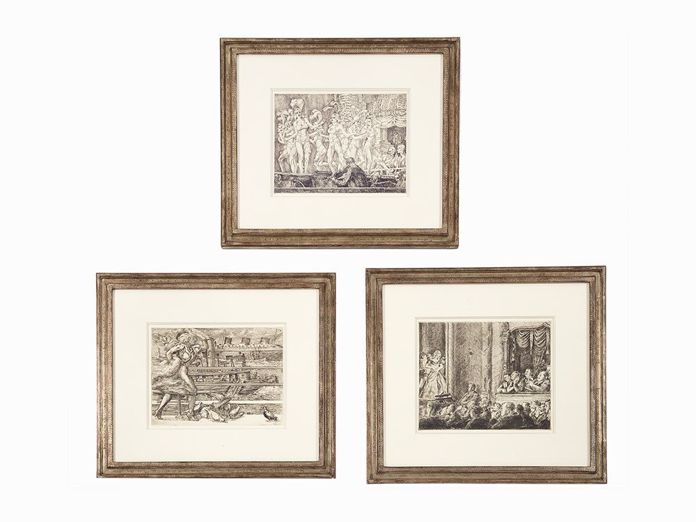 Reginald Marsh: Group of three etchings and engravings â€˜Battery (Belles)â€™, â€˜Minksyâ€™s New Gotham Chorusâ€™ and â€˜Irving Place Burlesk,' etchings and engraving, 9 5/8 x 9 1/2 inches,