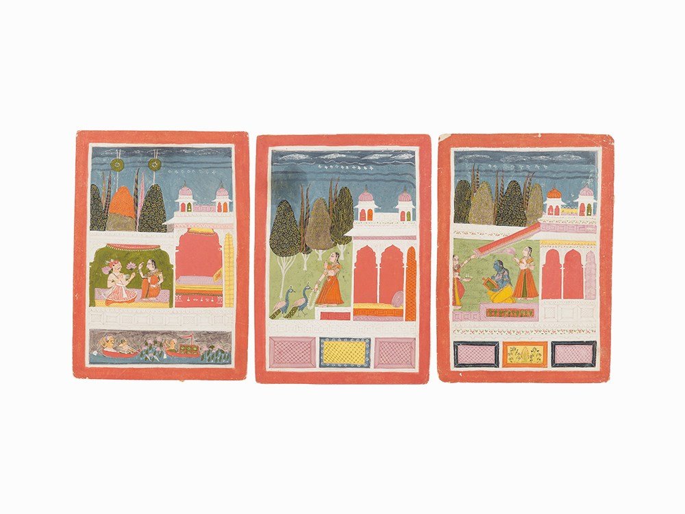 Three Folios From a Ragamala Series, c. 1750: Opaque watercolors with gold embellishment on paper Central India/Datia or Malwa, c. 1750 White inner and red outer borders. Folio dimensions (height x width): 11 1/2 x 8 in. (29.2 x 20.3 cm) Image di