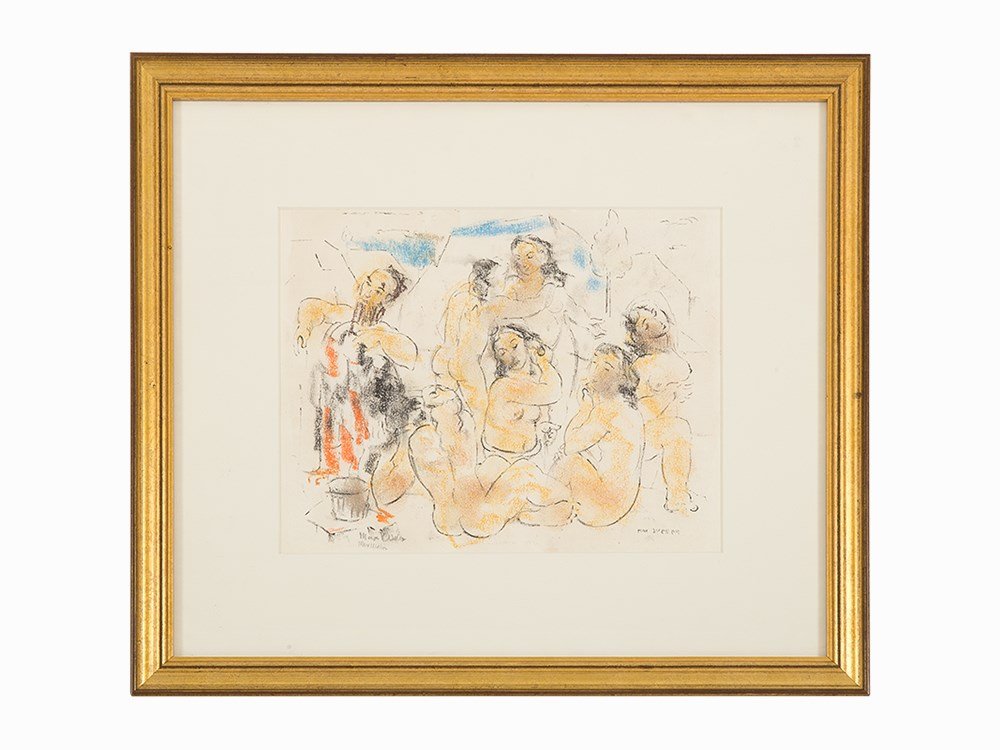 Max Weber, Nudes Bathing, Color Lithograph, 20th C.: Lithograph in colors on wove paper USA, 20th century Max Weber (1881-1961) American Cubist artist Signed in the plate and twice in pencil Full margins; framed and matted Image dimensions: 7 x 9 in. (1