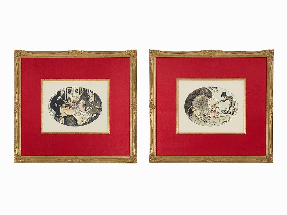 Gerda Wegener, Pair of Watercolor & Pochoir, c. 1920: Pair of watercolor and pochoir on paper Denmark, circa 1920 Gerda Wegener (1886-1940) Danish illustrator and painter Each framed and matted Image dimensions (each): 6 x 8 in. (15.9 x 21 cm.) Frame dim