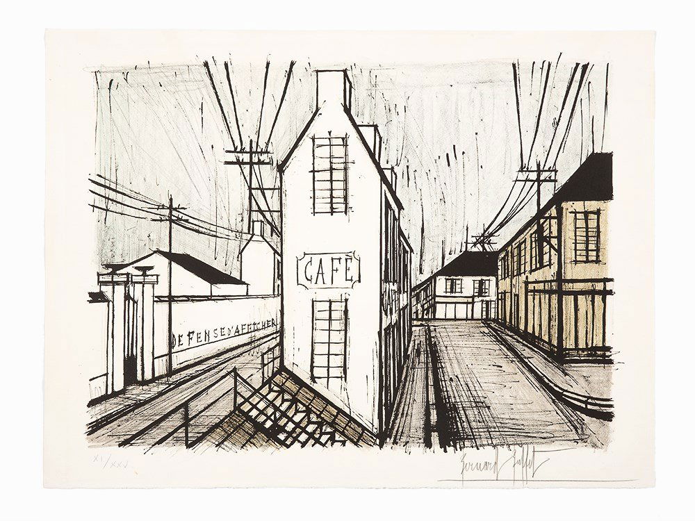 Bernard Buffet, ‘Café de Banlieue’, Lithograph, 1969: Lithograph in colors on wove paper France, 1969 Bernard Buffet (1928-1999) – French realist painter and printmaker Signed in pencil and numbered ‘XI/XXV Full margins Dimensions: 22 ¼ x 29 ¾ in.