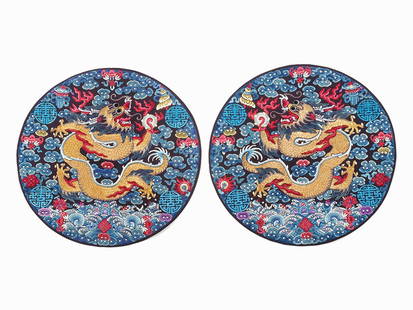 Pair of Embroidered Silk Dragon Roundels, 19th C.: Embroidered silk China, 19th century Dimensions (diameter) 11 1/2 in. (29 cm) Good condition Provenance: Property from the Private Collection of Jon Eric Riis, Atlanta, Georgia A pair of dragons in pr