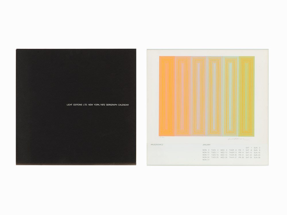 Portfolio, ‘1972 Serigraph Calendar’, 1971: Calendar with complete text and 12 color screenprints USA, 1971 Richard Anuszkiewicz, John Wesley, Red Grooms, Henry Pearson, Charles Hinman, Josef Levi, Mel Ramos, Bob Stanley, David Milne, Lowell Ne