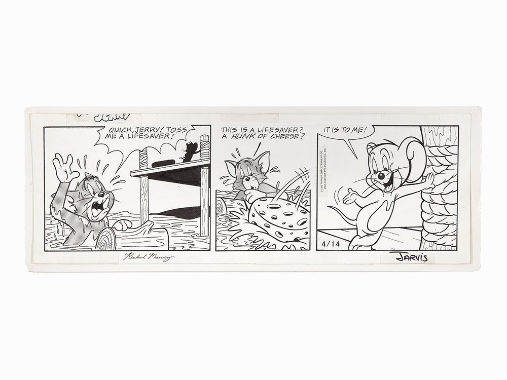 MGM Studios, Tom and Jerry Daily Strip, 1992: Original comic strip, artist's board, pen and ink, Zipatone U.S.A., April, 1992 Metro-Goldwyn-Mayer Studios Inc (1924) – American media company Signed ‘Richard Maury’ lower left Marked ‘© 199