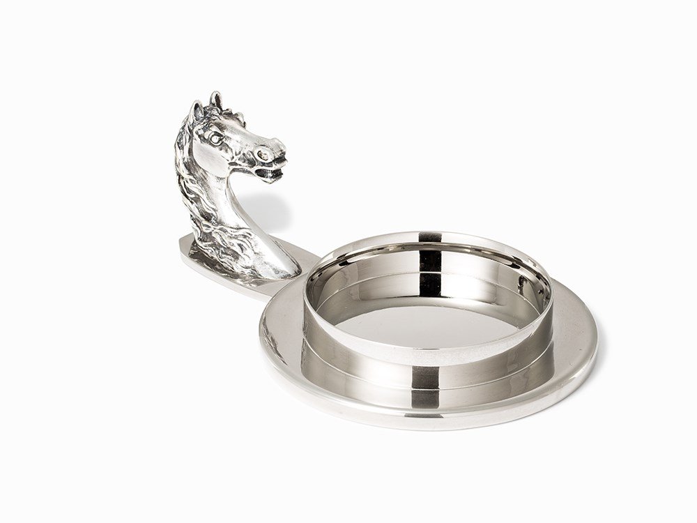 Hermès, Silver Horse Glass Holder, France, C. 1965: Electro-plated silver Paris, France, 1960s Hermès (1837-present) – French luxury company Stamped with manufacture’s mark underneath handle ‘HERMÈS-PARIS’ / ‘MADE IN FRANCE [symbol]’ Hors
