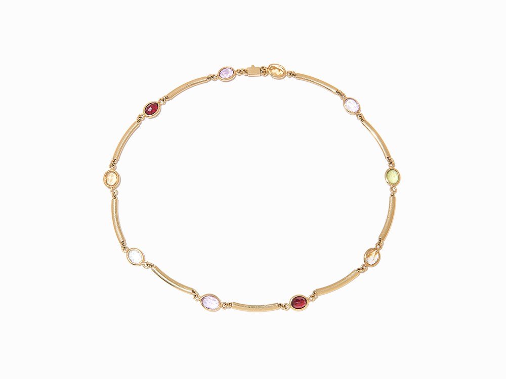 Chimento Necklace, 18K Gold and Colored Stones, Italy,: 18 karat yellow gold Italy, circa 1960 Stamped: ‘Chimento’ / ‘750’ / triangle mark / ‘?408VI’ 10 oval, faceted aquamarine, amethysts, garnets, peridot and citrines measuring approximately