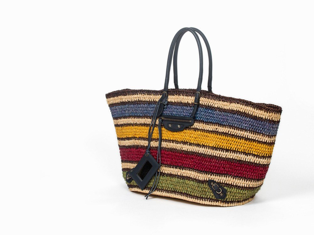 Balenciaga, Multicolor Raffia Striped Tote, France.: Multicolor raffia striped tote; double rolled black leather handles France, circa mid-20th century Balenciaga, France Antique brushed gold hardware Three interior black leather slip pockets; detachabl