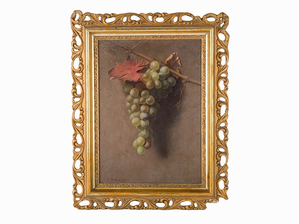 Samuel Marsden Brookes, Oil on canvas, 'Grapes': Oil on canvas Samuel Marsden Brookes (American, 1816-1892) Signed lower left 'SM Brookes' Dimensions: 14 x 10 in. (35.6 x 25.4 cm.) Dimensions, framed: 19 x 14 1/2 x 2 in. (48.3 x 36.8 x 5.1 cm.) Good