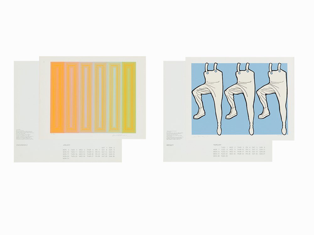 Portfolio, ‘1972 Serigraph Calendar’, 1971: Calendar with complete text and 12 color screenprints USA, 1971 Richard Anuszkiewicz, John Wesley, Red Grooms, Henry Pearson, Charles Hinman, Josef Levi, Mel Ramos, Bob Stanley, David Milne, Lowell Ne