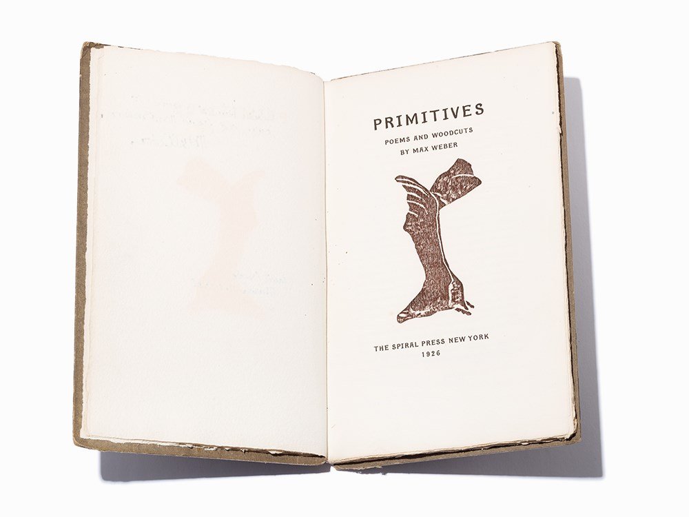 Max Weber, Primitives: Poems and Woodcuts, Signed, NY,: Max Weber (1881 – 1961) – Jewish American artist New York: The Spiral Press, 1926 8vo (263 x 163 mm); original printed grey boards with piano key illustration One of 550 copies Inscribed by Max We
