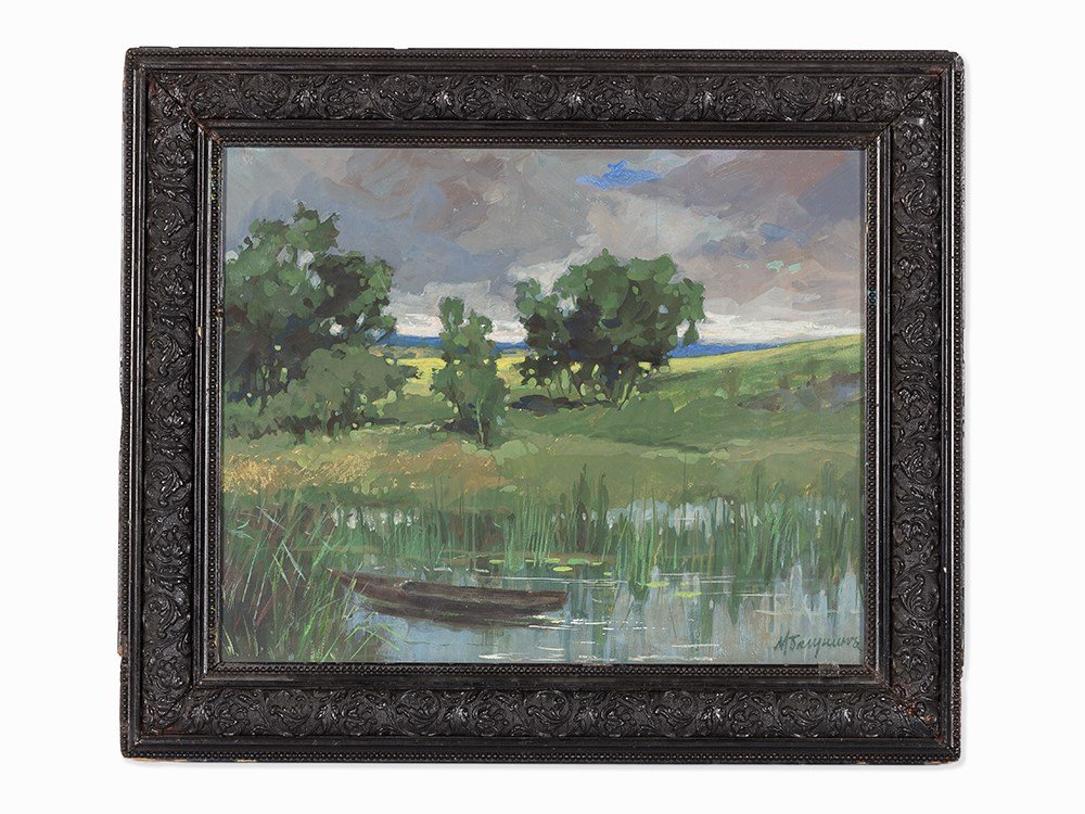 Michael Abramovitch Balunin, Landscape With a Boat,: Gouache on paper Continental Europe Michael Abramovitch Balunin (RUSSIAN, 1875-1937) Signed in pencil lower right Dimensions: 12.8 in x 16.1 in; 32.5 cm x 41 cm Good Condition Estimate: $400-$800 Cond