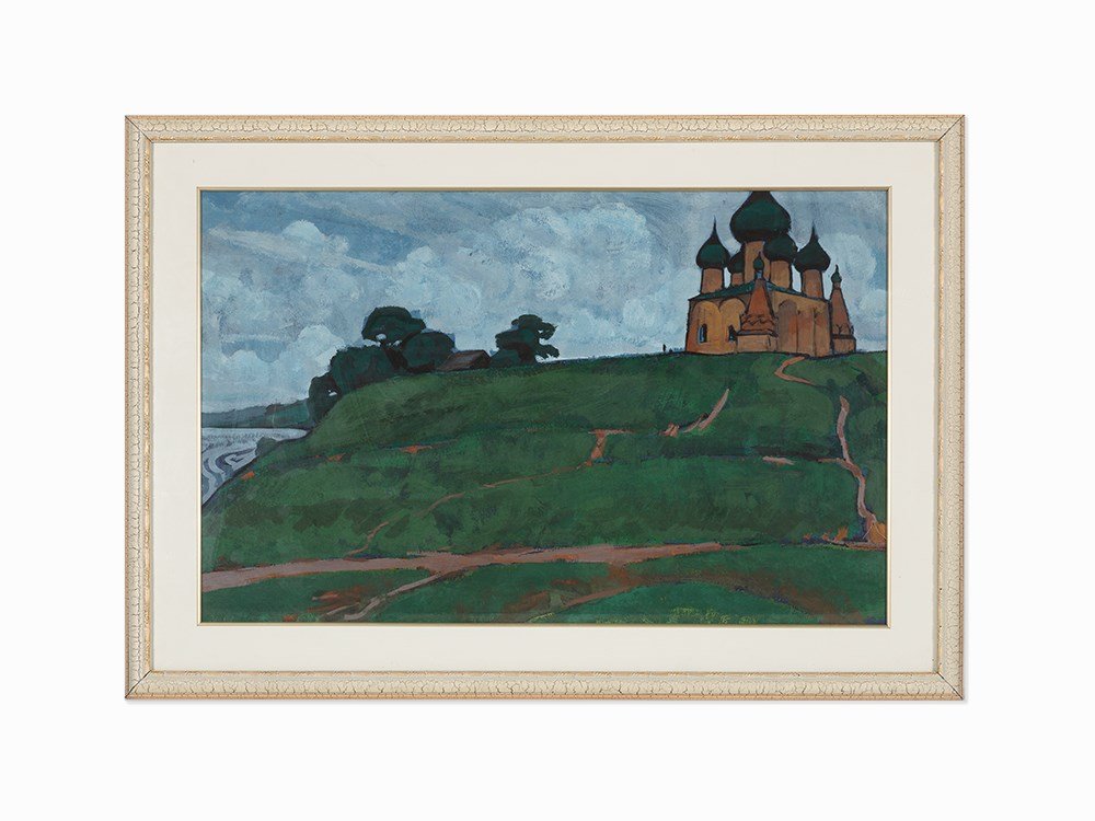 Russian Church on the River, Tempera on Cardboard: Tempera on artist's board Continental Europe, 20th Century Dimensions: 19.3 in x 30.7 in; 49 cm x 78 cm Good Condition Estimate: $200-$400 Condition: Overall good condition. Shipping