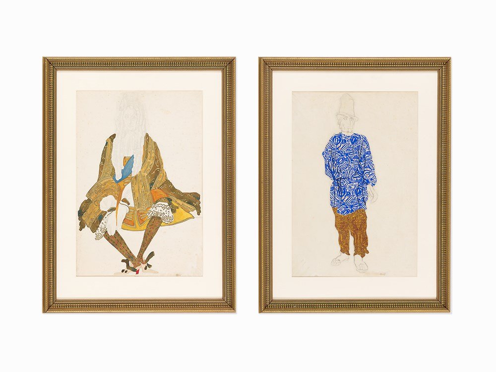 Studio of Leon Bakst, Two Costume Designs, Works on: Pencil, gouache and metallic paint on paper Continental Europe Leon Bakst, born Lev (Leib) Samoilovich Rosenberg (Russian, 1866-1924) Two Costume Designs: 'Louis IV' and 'a peasant' Each marked with