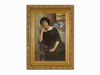 Attributed to Mikhail Nesterov, Portrait of Artist's: Oil on canvas Continental Europe, 1913 Attributed to Mikhail Vasilievich Nesterov (RUSSIAN, 1862-1942) Signed and dated '1913' in Cyrillic in the lower left Dimensions: 35 in x 22.8 in; 89 cm x 5