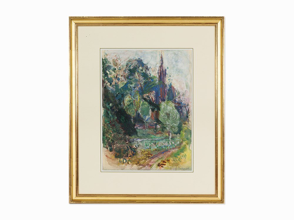 Michel Kikoïne, Landscape the Tall Trees, gouache: Gouache on paper Continental Europe Michel Kikoïne (FRENCH, 1892-1968) Signed 'Michel Kikoïne' in lower right Dimensions: 12.9 in x 9.64 in; 33 cm x 24.5 cm Good Condition Estimate: $2,500-$3,500 Pr
