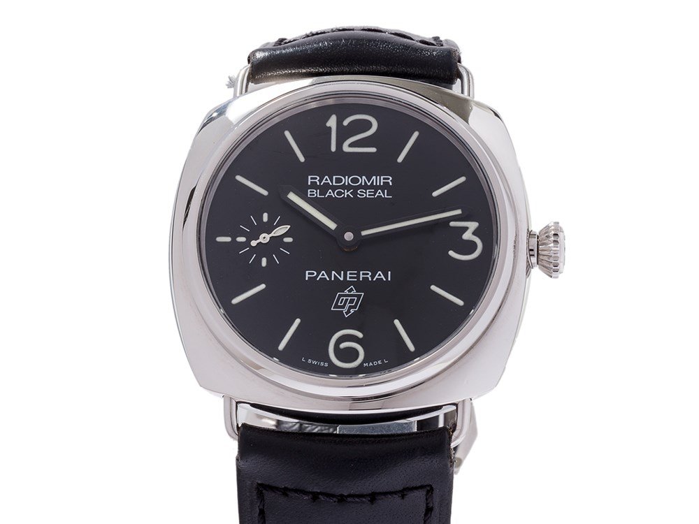 Panerai Radiomir Black Seal Logo, Ref. PAM 380, c.2011: Panerai Radiomir Black Seal Logo, Ref. PAM 380 Switzerland, circa 2011 Manual movement, caliber OP II, 17 jewels; hours, minutes, seconds Black dial with printed white luminous Arabic numeral and Bato