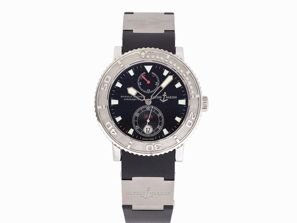 Ulysse Nardin Marine Diver, Ref. 263-55-3/92, c.2013: Ulysse Nardin Marine Diver, Ref. 263-55-3/92 Switzerland, circa 2013 Automatic movement, caliber UN26, 28 jewels; hours, minutes, seconds, date, power reserve Black textured dial with applied black lu