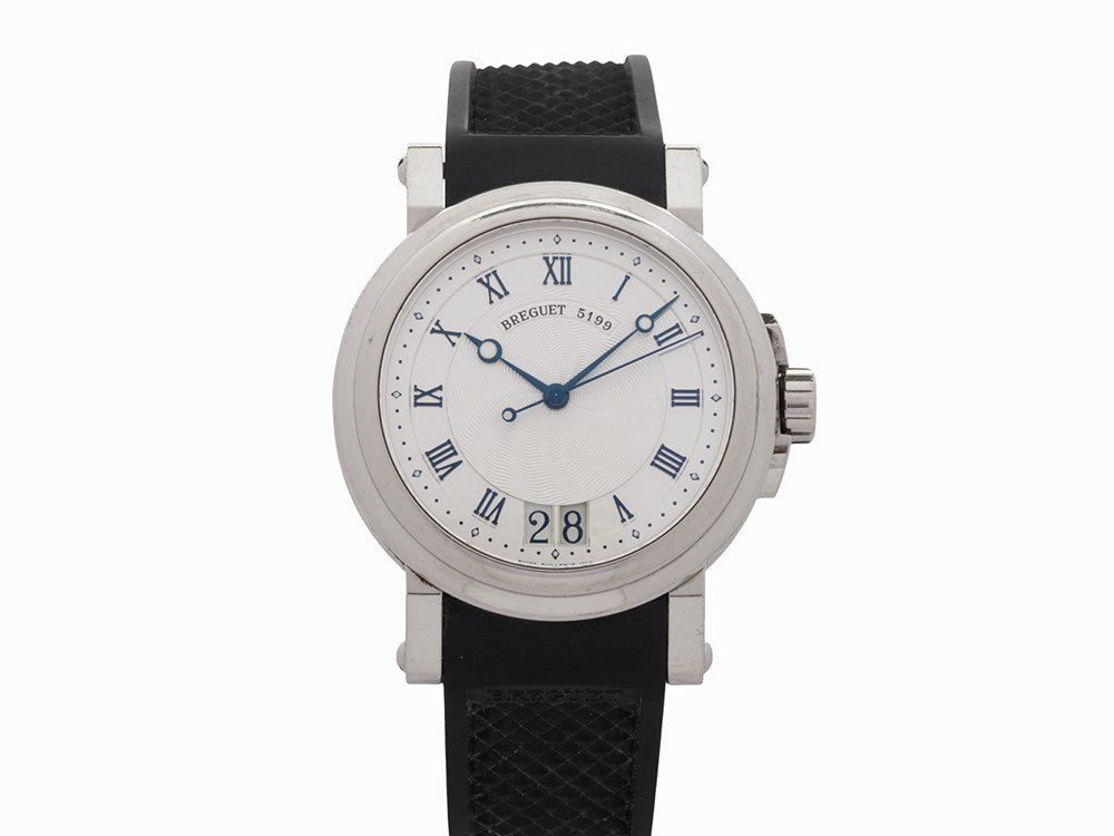 Breguet Marine, Ref. 5817ST/12/5V8, Switzerland, c.2008: Breguet Marine, Ref. 5817ST/12/5V8 Switzerland, circa 2008 Automatic movement, caliber 517GG, 35 jewels; hours, minutes, seconds, date Metallic Silver and Silver rose-engine hand-turned dial with appl