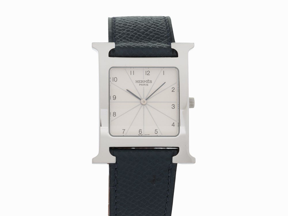 Hermès Wristwatch, Ref. HH1.710, Switzerland, c.1998: Hermès Wristwatch, Ref. HH1.710 Switzerland, circa 1998 Quartz Movement; hours, minutes Silver guilloché dial with printed black Arabic numeral hour-markers; Gray Baton hands Stainless Steel case, s