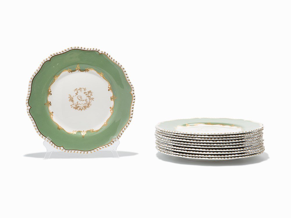 Royal Worcester, Dinner Plates, Eleven, England, c.: Bone china, glazes, gilt England, circa 1950 Royal Worcester Service for eleven Pillament pattern Hexagonal lobe form Stamped ‘ROYAL WORCESTER/BONE CHINA/W/MADE IN ENGLAND’ to underside Date stamp