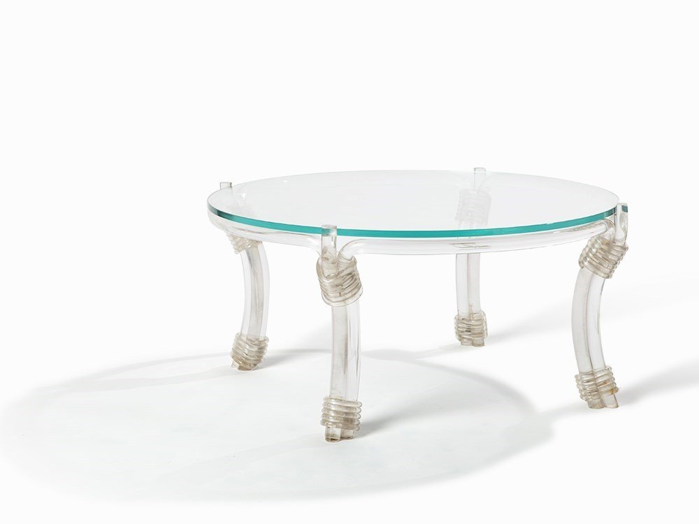 Ladislas Medgyes, Table, USA, C. 1941: Plexiglas and glass USA, circa 1941 Ladislas Medgyes (1892-?) Manufactured by Rohm & Haas Hollywood Regency style Provenance (possibly): Helena Rubenstein Estate, Parke-Bernet Galleries, April 22,1966