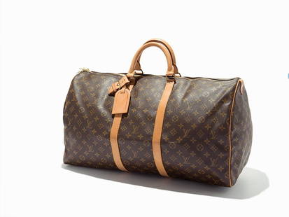 Louis Vuitton, Brown Monogram Keepall 55 c.1991: Brown Monogram Canvas, Keepall France, circa 1991 Louis Vuitton, France Golden Brass Hardware Hardware stamped "LOUIS VUITTON', 'LV', 'LOUIS VUITTON/PARIS'; tag stamped with 'LOUIS VUITTON/PARIS/MADE