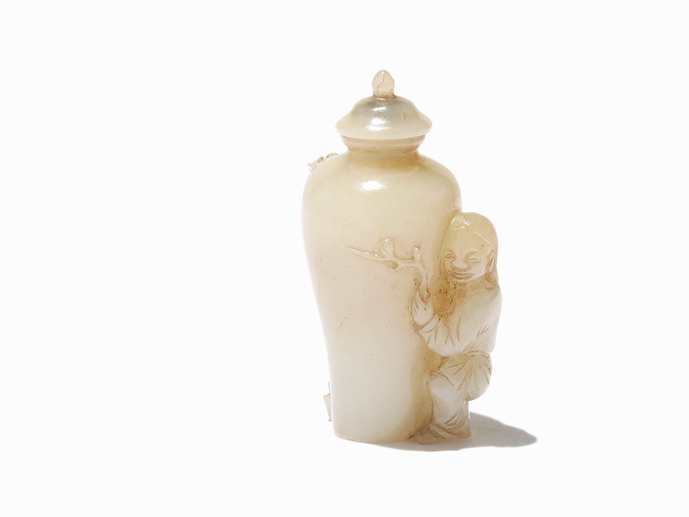 White Jade Snuff Bottle with a Boy and Prunus Tree, (1 of 8)