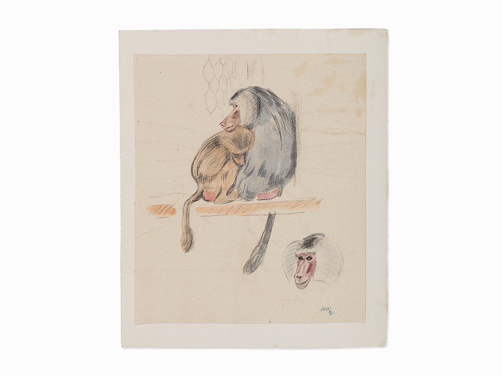 Nikolai Andreevich Tyrsa, Baboon with a Cub, Work on: Pencil and watercolor on paper Continental Europe, 1924 Nikolai Andreevich Tyrsa (Russian, 1887-1942) The authenticity has been confirmed by Ms. Anna Nikolaevna Tyrsa, the artist’s daughter Dimensio