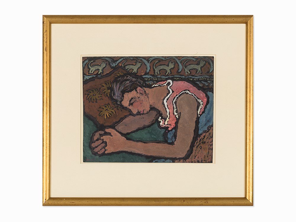 Harold Weston, Woman Resting on a Pillow, Gouache, 1929: Gouache on black paper U.S.A., 1929 Harold Weston (American, 1895-1972) Signed 'and dated 'W 29' lower left Dimensions: 9 1/4 x 11 14 in.; Estimate: $1,000-$1,500 Condition: The work is hinged to its