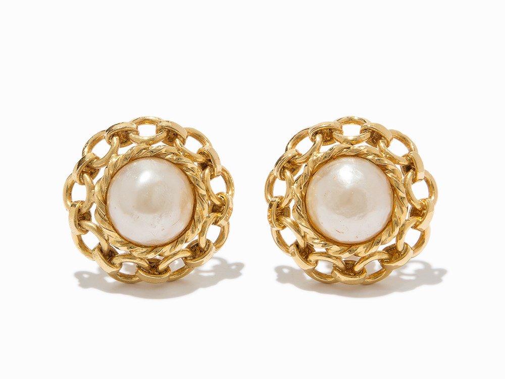 Chanel, Faux Pearl & Gold Jumbo Clip Earrings, c. Late (1 of 8)