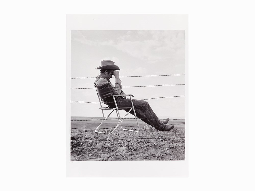 Frank Worth, James Dean 'Giant', Pigment Print, 1955: Archival pigment print on fiber based paper USA, 1955, printed later Frank Worth (1923-2000) – American celebrity photographer ‘James Dean Seated Behind Fence Set of “Giant”’ Numbered in ink