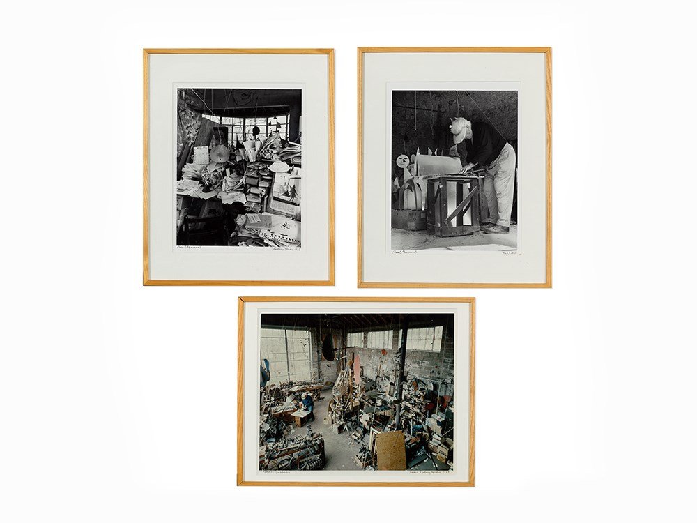 Pedro E. Guerrero, 3 Photos of Calder’s Roxbury Studio,: Titles include: ‘Alexander Calder in his Roxbury, CT, Studio 1962’; ‘Sandy’s Desk Roxbury Studio 1963’; and ‘Saché’ One C-print on Kodak paper and two silver gelatin prints Roxbury, CT,