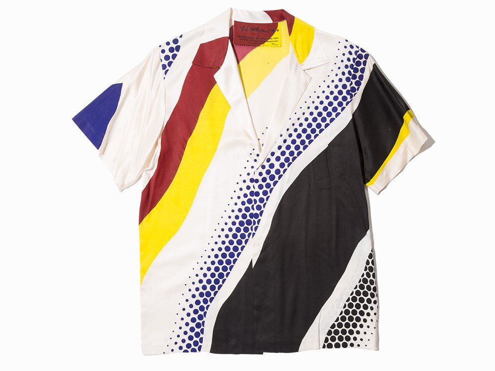 Roy Lichtenstein, Untitled Screenprinted Shirt, 1979: Screenprint in colors on silk sateen shirt with metal clasps with Plexiglass box USA, 1979 Roy Lichtenstein (1923-1997) – American pop artist Co-published by the artist and Artist’s Space, New Yor