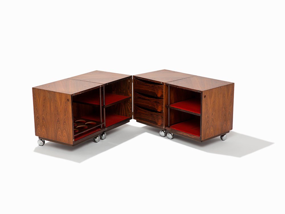 Gunnar Myrstrand, Rolling Bar, Sweden, ca. 1965: Hardwood, laminate, magnets, aluminum, plastic Sweden, circa 1965 Gunnar Mystrand (1925-1997) for Källemo – midcentury Swedish furniture designer and architect Dimensions: 31 ½ x 31 ½ x 15 ¾ in.