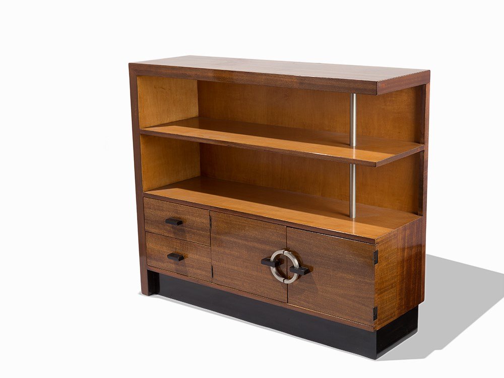 Gilbert Rohde for Herman Miller, Bookcase, USA, ca.: East Indian laurel, ebonized wood, chrome-plated steel USA, circa 1934 Gilbert Rohde (1894-1944) – American furniture and industrial designer For Herman Miller (est. 1905) – important American fur