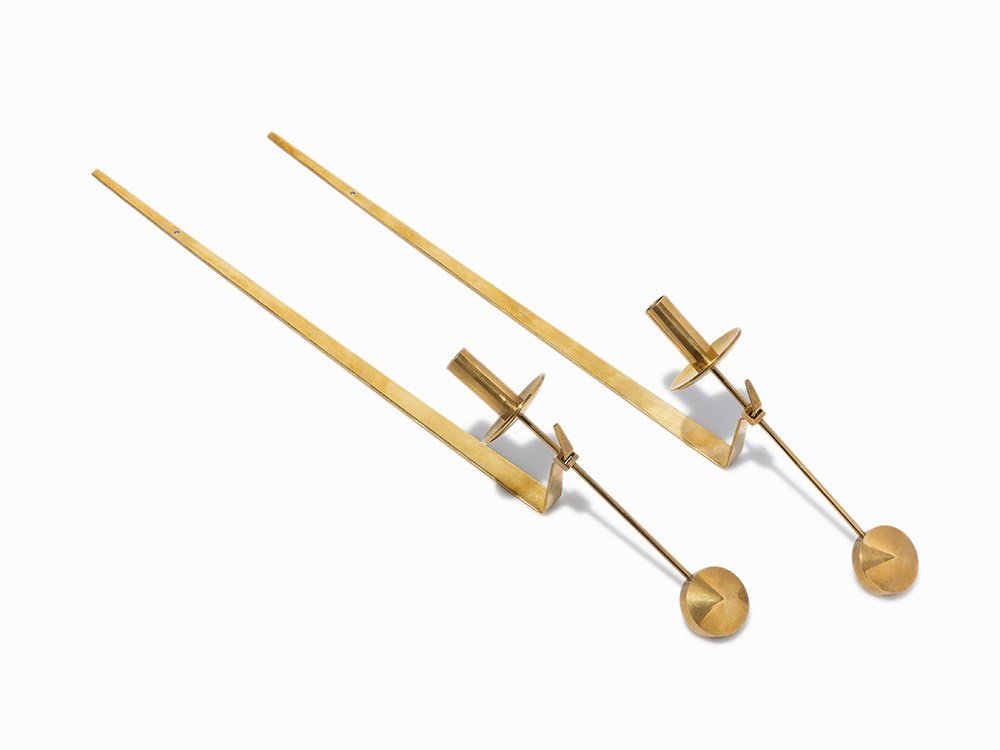 Pierre Forssell for Skultuna, Pair Brass Lampett, ca.: Brass Sweden, ca. 1965 Pierre Forsell for Skultuna (est. 1607) – Swedish brass foundry “Lampett” wall mount design Marked on backs ‘SKULTA 1607 SWEDEN U10’ with incised signature of Pierre F