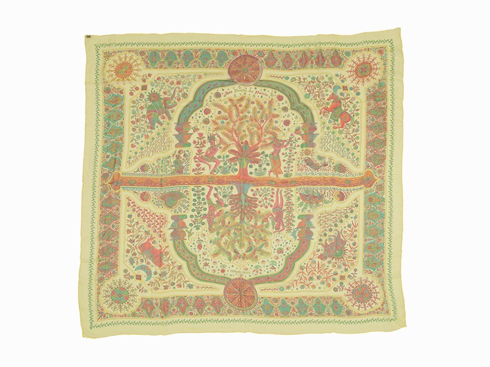 Hermès, 'Aux Portes du Palais' Silk Scarf, c. Late 20th: Silk Hermès, France 'Aux Portes du Palais' Christine Henry Dimensions: 50 sq in Accompanied by: Box Excellent condition Hermès In 1837, Thierry Hermès opened his first shop in the Grands Boulevards