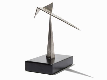 George Rickey, Five Triangles Variation 1, Steel, 1966: Auction announcements 27th May 2016 Lot 128: The correct title for this piece is George Rickey, Five Triangles I, Steel, 1966. Stainless steel and lead on metal base USA, 1966 George Rickey (1907-200