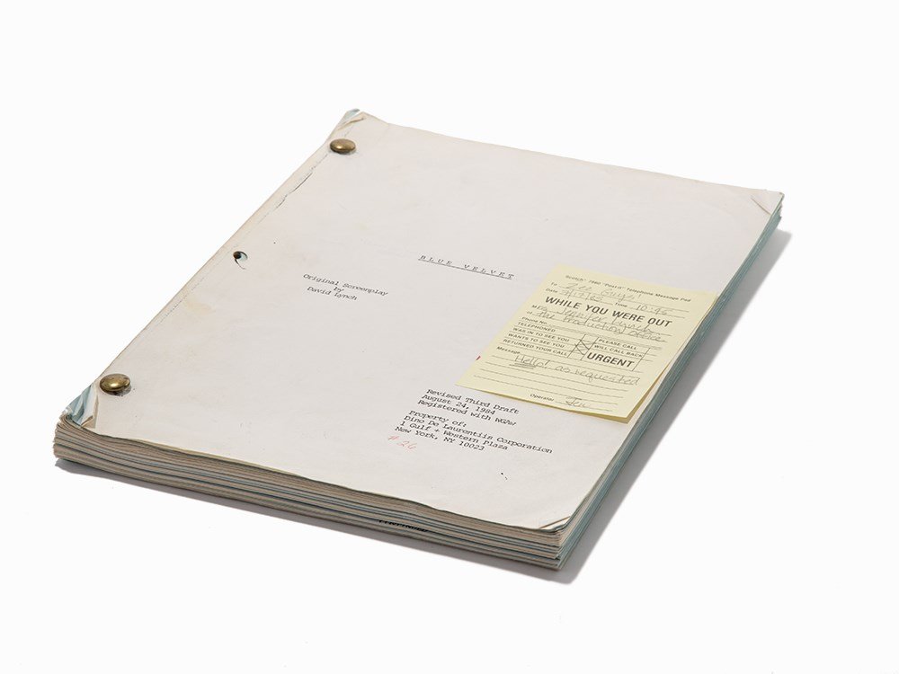 David Lynch, “Blue Velvet”, Screenplay, 1984: David Lynch (b. 1946) – American director, screenwriter and author New York: De Laurentiis Entertainment Group (DEG), 1984 Revised third draft script for the 1986 film written and directed by David